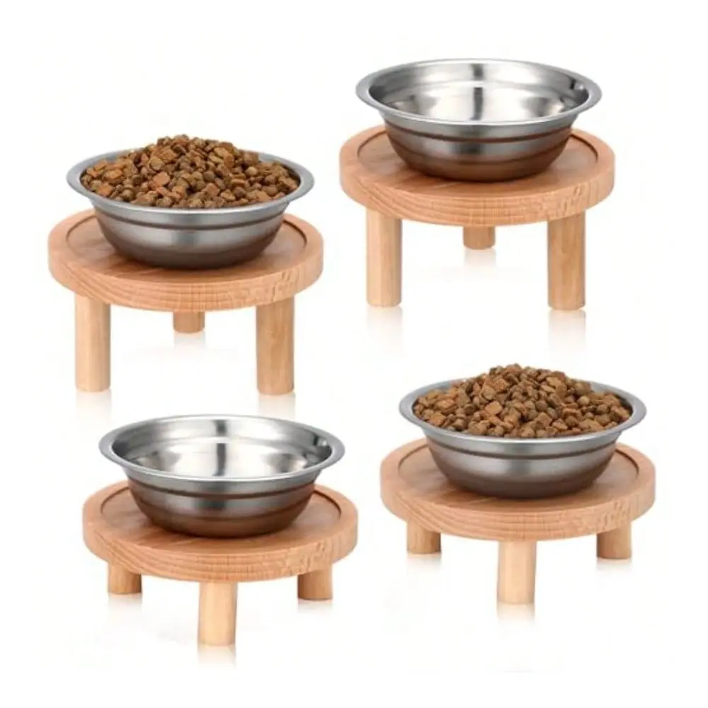 

Sets Shallow Elevated Cat Bowls Stainless Steel Cat Raised Bowls Elevated With Wooden Legs In 2 Heights Pet Water Or Food Plate