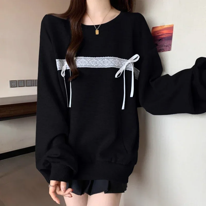 Preppy نمط الدانتيل المرقعة فضفاض هوديس بلوزات ربيع الخريف جديد الصلبة بلايز عادية شارع العليا موضة النساء الملابس