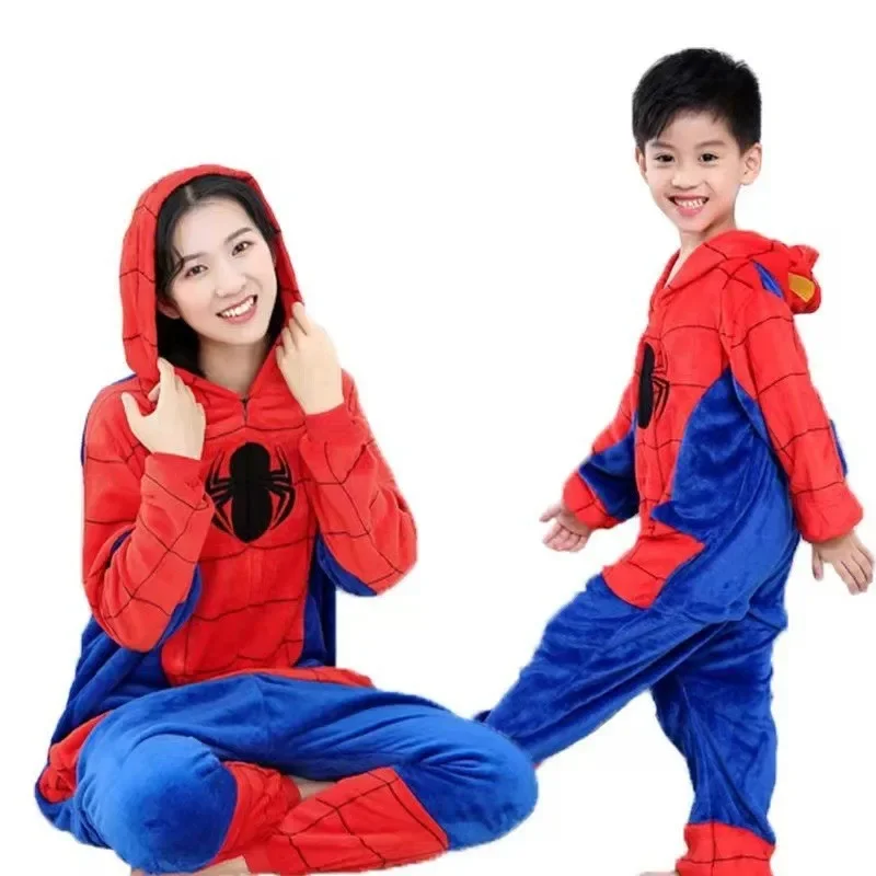 Spider-Man children's cartoon animal one-piece pajamas men and women flannel such as toilet home parent-child clothing