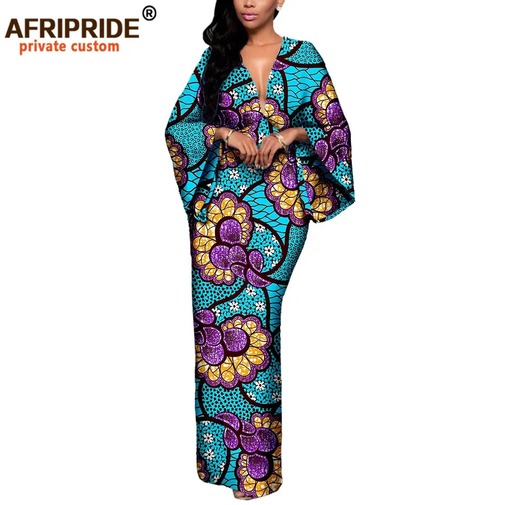 

African Dresses for Women Maxi Dress AFRIPRIDE Flare Sleeve V-neck Font and Back Ankle-length African Cotton Dress A7225107