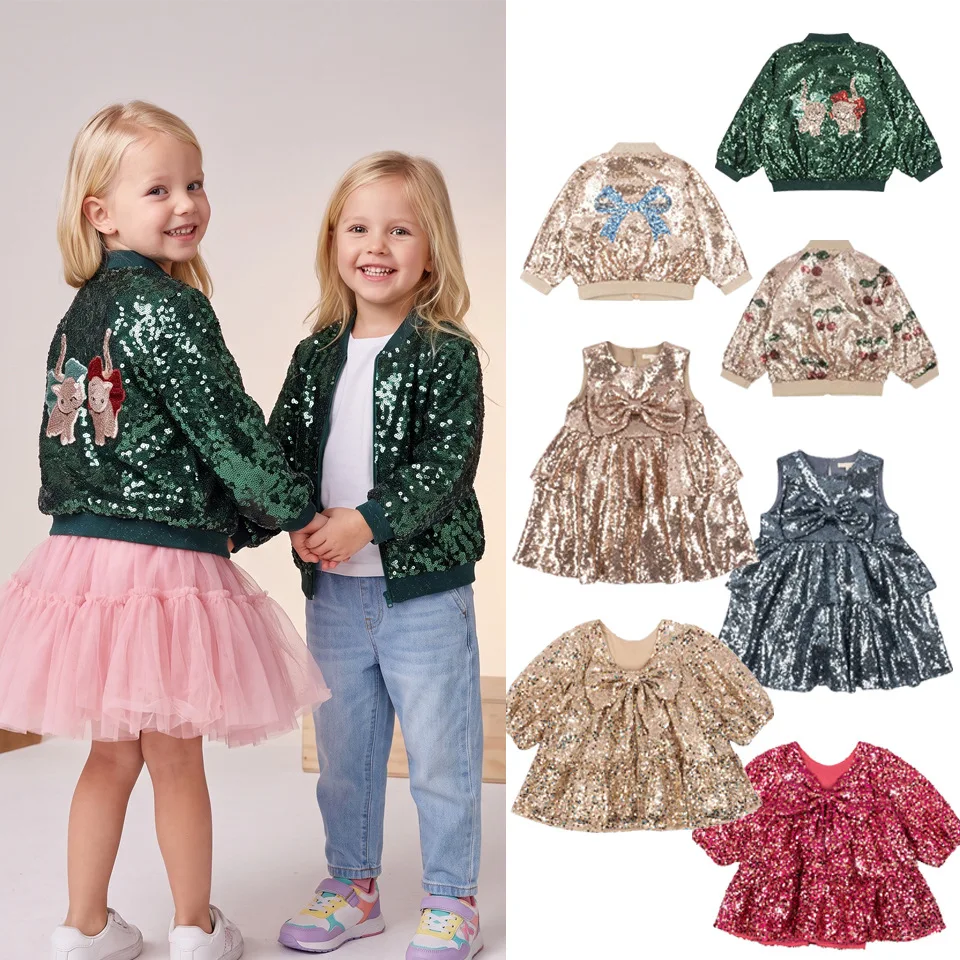 Children's Clothes 2026 Fall Winter Kids Boys Sequin Cherry Print Jacket & Girls Bow Long Sleeve Dress 2 Style Unisex 3-10Y