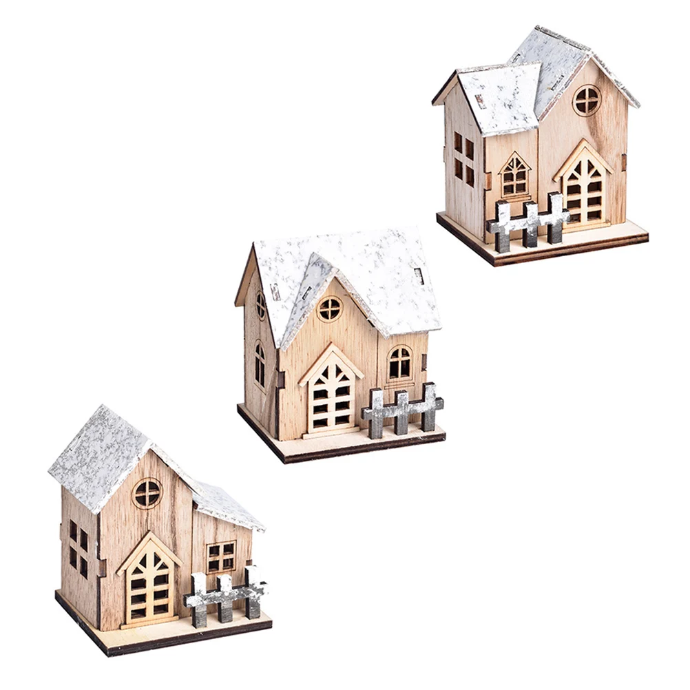 

3Pcs Luminous Wood House Decor Christmas Themed Wooden Flat Bottom Stable Design Xmas Desktop Adornment Holiday
