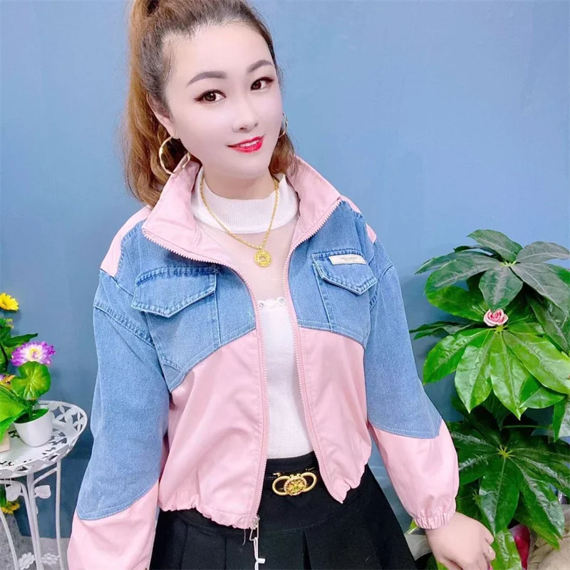 Spring And Autumn New Fashion Contrast Denim Stitching Coat Casual Joker Short 2024 College Wind Girl Temperament Jacket