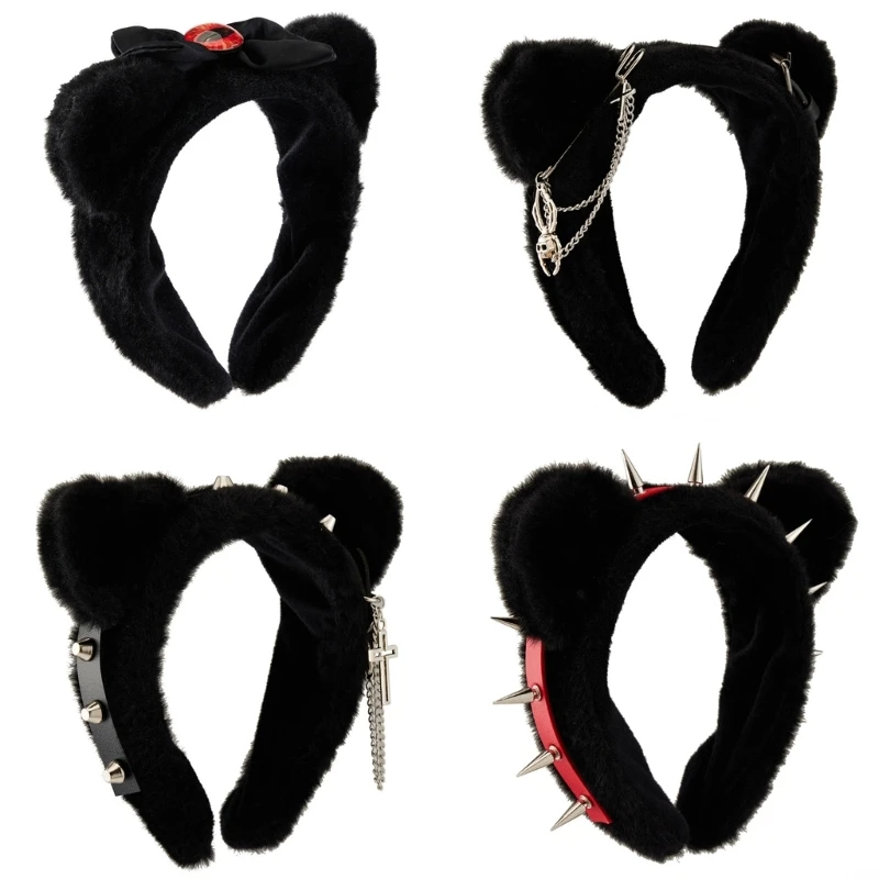 Handmade Cats Ear Headbands with Metal Earring Plush Cats Headbands for Animes Theme Gatherings Christmas Gift for Girls