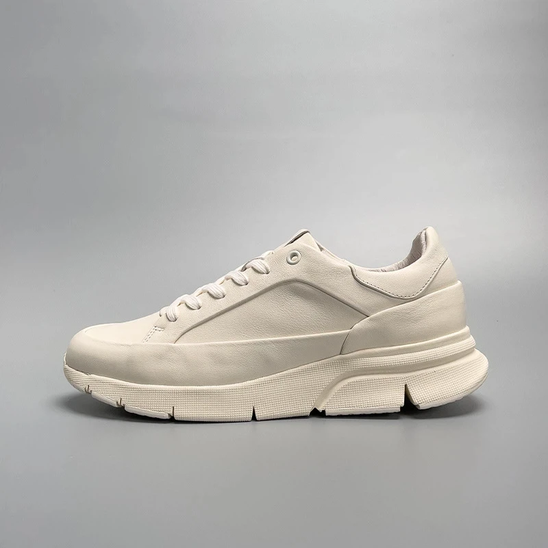YETTIES Men's White Leather Platform Casual Sneakers | Handmade Guangzhou Height-Increasing Outdoor Sports Board Shoes