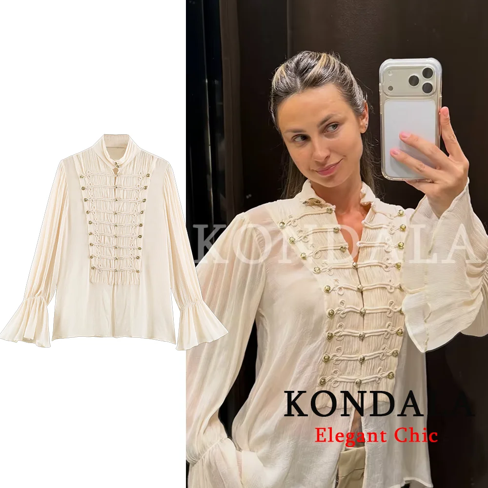 KONDALA Women Romantic Elegant Shirt Rope Buttons Flared Sleeve Shirt 2026 Summer Early Fall Trendy Holiday Party Date Shirt Top