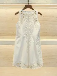 Women White Dress Embroidery Hollow out O-Neck Sleeveless Elegant Mini Robe