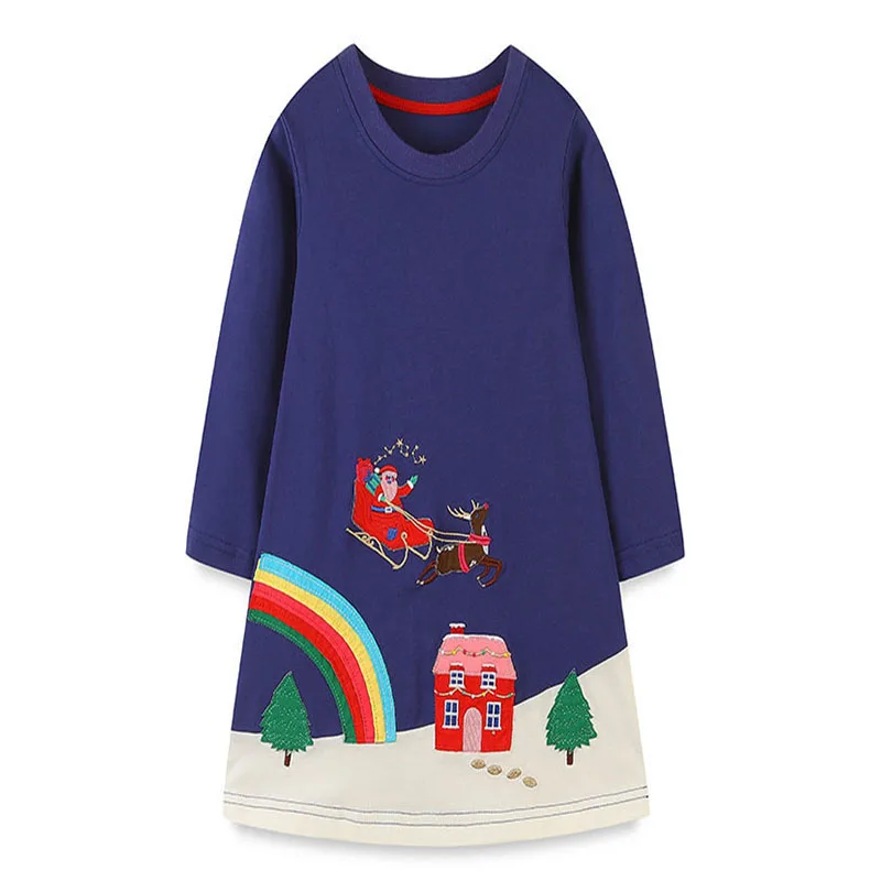 2-7T Santa Claus Embroidery Princess Girls Dresses Clothing Long Sleeve Autumn Spring Baby Animals Christmas Kids Frocks Costume