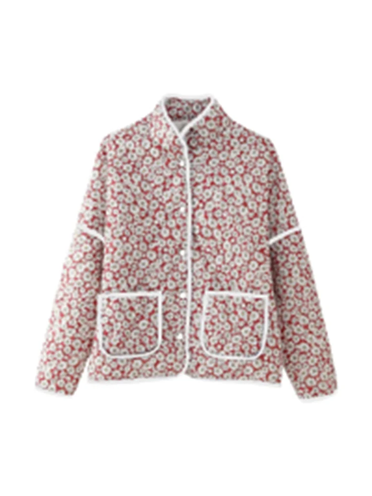

European style new women's fashion versatile temperament simple stand collar long sleeve printed daisy cotton coat