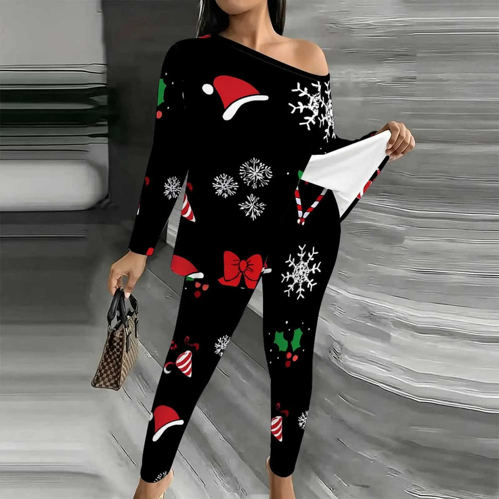 Christmas Jogging Pants Autumn Winter Women's Diagonal Collar Long Sleeved  Printed Two-piece Set Off Shoulder T-shirt