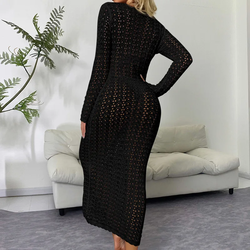 White See Through Hollow Out Maxi Dress for Women 2025 New Fashion Lace-up V Neck Long Sleeve Beach Holiday Sexy Long Dress