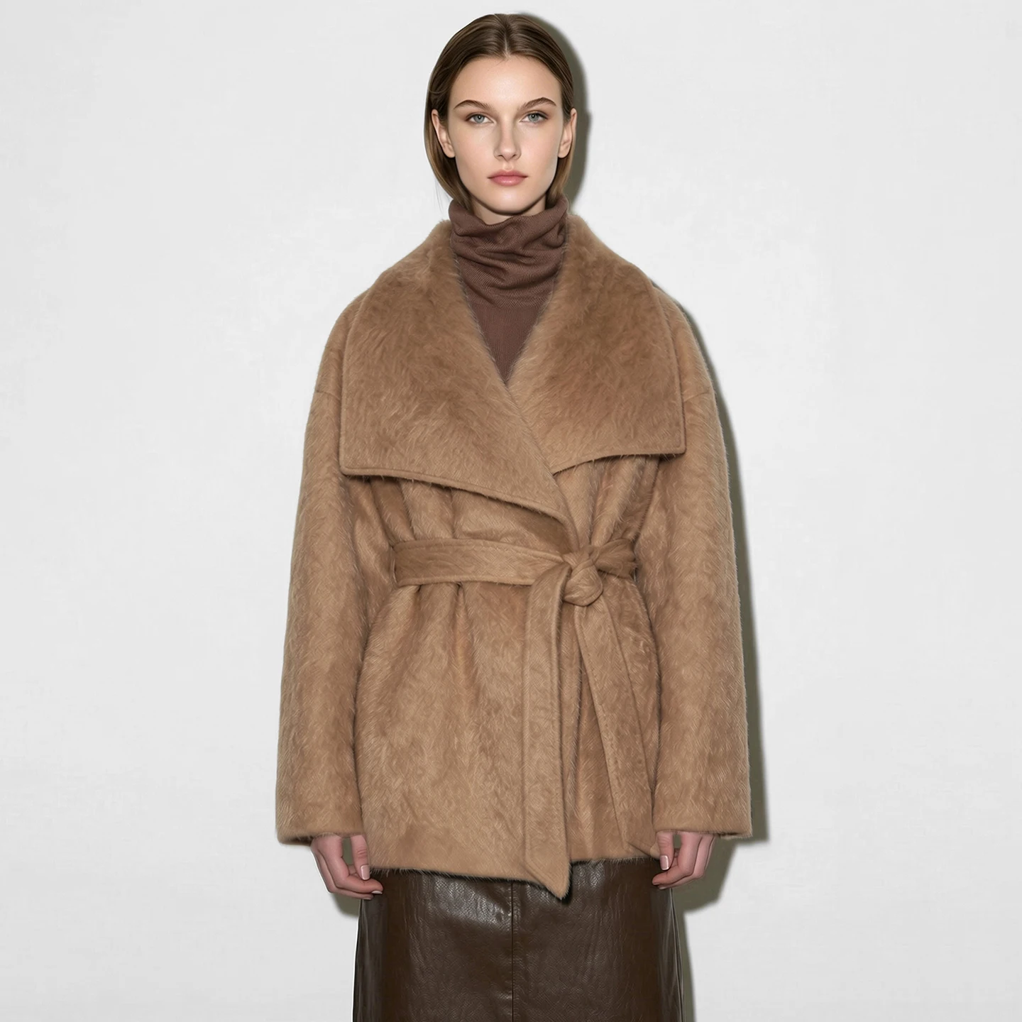 Amii Wool Silk Blend Coat Lapel Collar Belted Oversized Relaxed Fit Warm Minimalist Commuter Winter Women's Outerwear 12644031