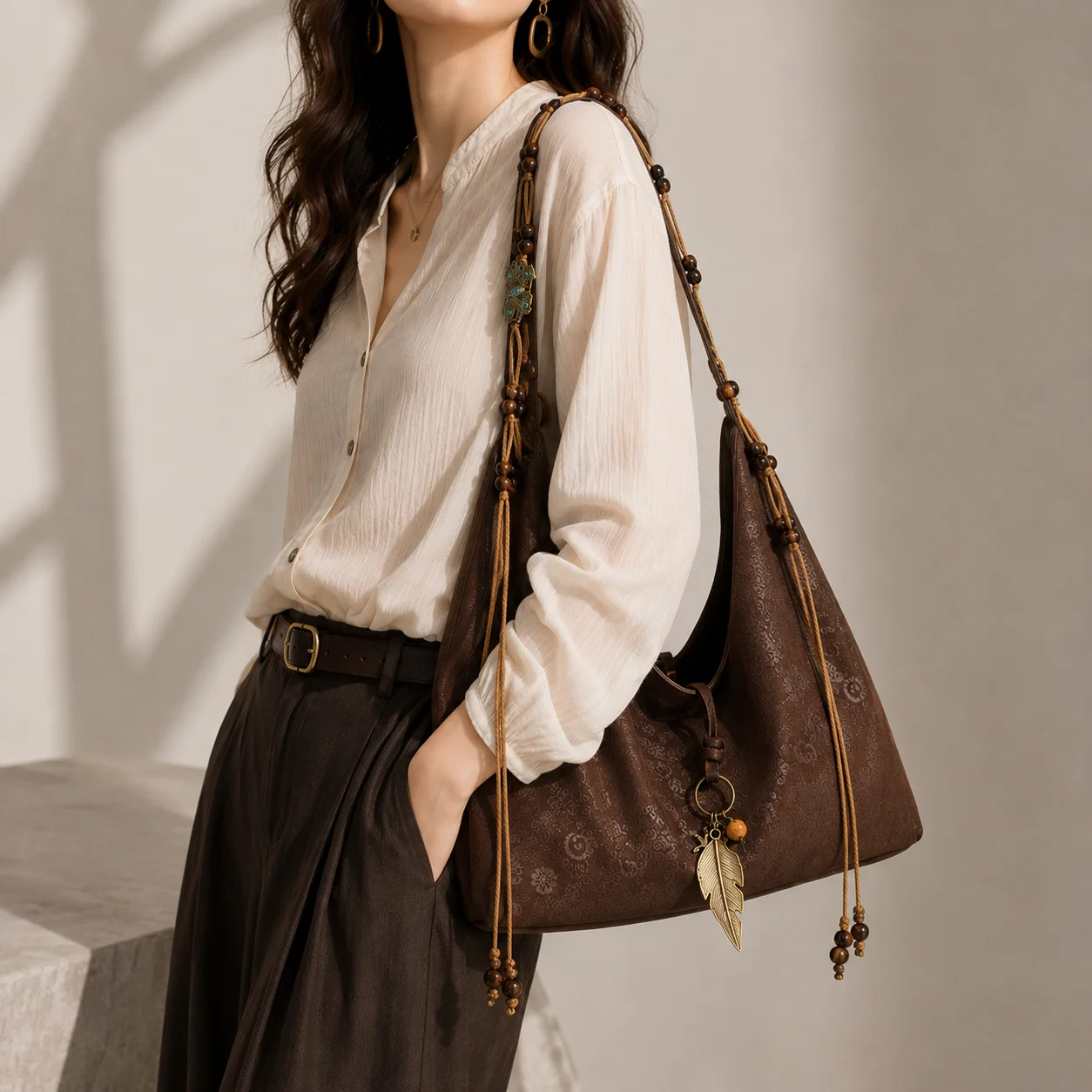 Brown Paisley Hobo Shoulder Bag with Beaded Rope Strap, Tassel Details and Feather Charm, Vintage Boho Style
