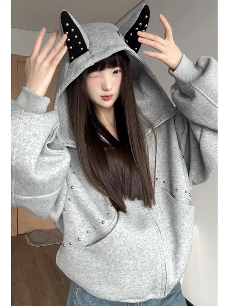 

American Splice Rivet Doberman Ears Hoodie Women's Sle Autumn Sweet Cool Design Couple ort Coat Loose Fit Long Sve
