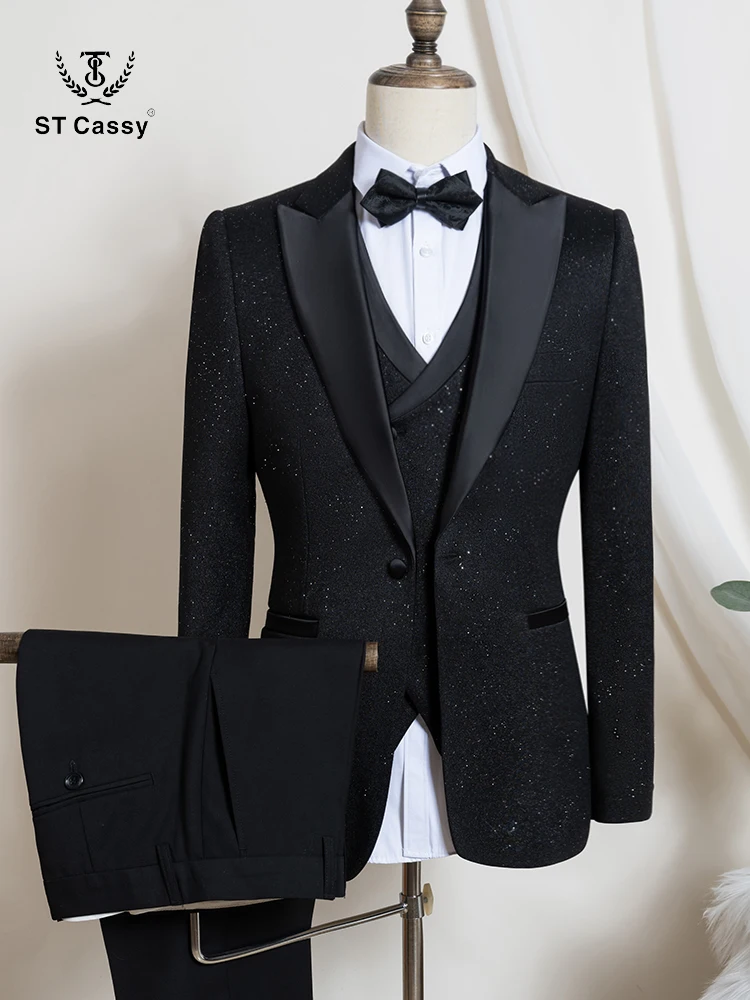 

Luxury man suits high quality 3 pieces littering rhinestone embellishment Wedding Dress Shining flash diamond Tuxedo Dinner Suit