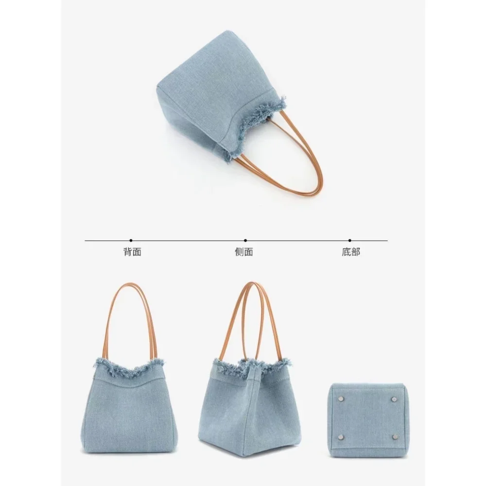 Tas tangan genggam wanita, dompet tas Tote wanita, tas bahu, tas ketiak, tas tangan genggam, tas ember warna biru, rumbai Denim, mode, baru