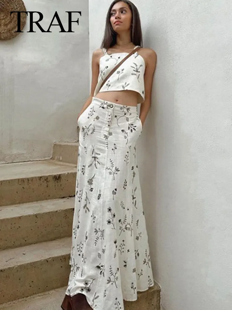 

TRAF Summer Women Fashion Elegant Skirt Suits Backless Crop Printed Sleeveless Vest+Drawstring A-Line Skirt Two Pieces Chic Sets