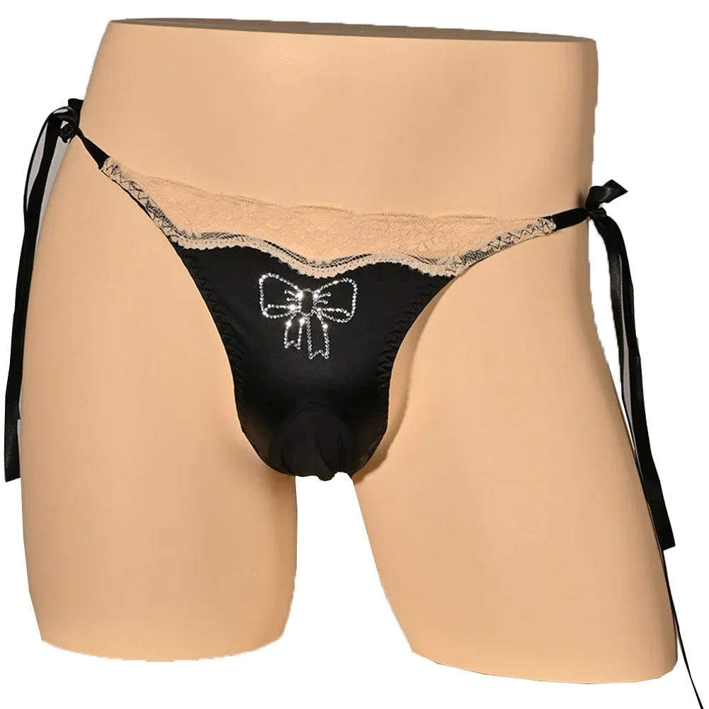 Mens Sexy Silk Satin Underwear Low Rise Pouch Thongs G-string Brief Sissy Underpants Lace-up G-string Thong