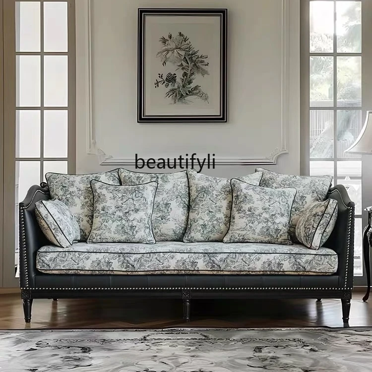 

French retro solid wood leisure sofa Nordic living room fabric leisure leather sofa