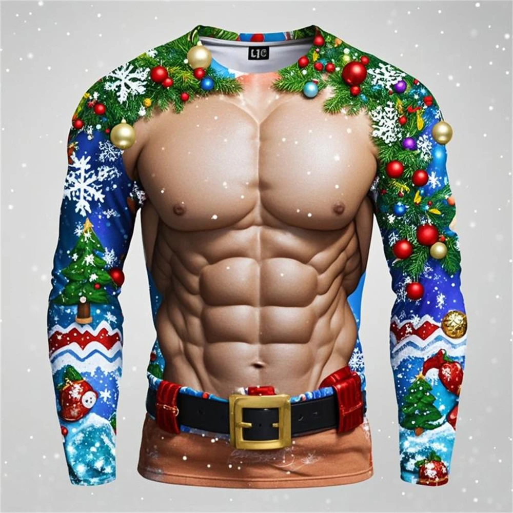 فريد ثلاثية الأبعاد طباعة وهمية العضلات نمط سترة قبيحة للرجال شخصية اللياقة البدنية الجولة الرقبة فضفاضة البلوز عيد الميلاد الملابس 2026