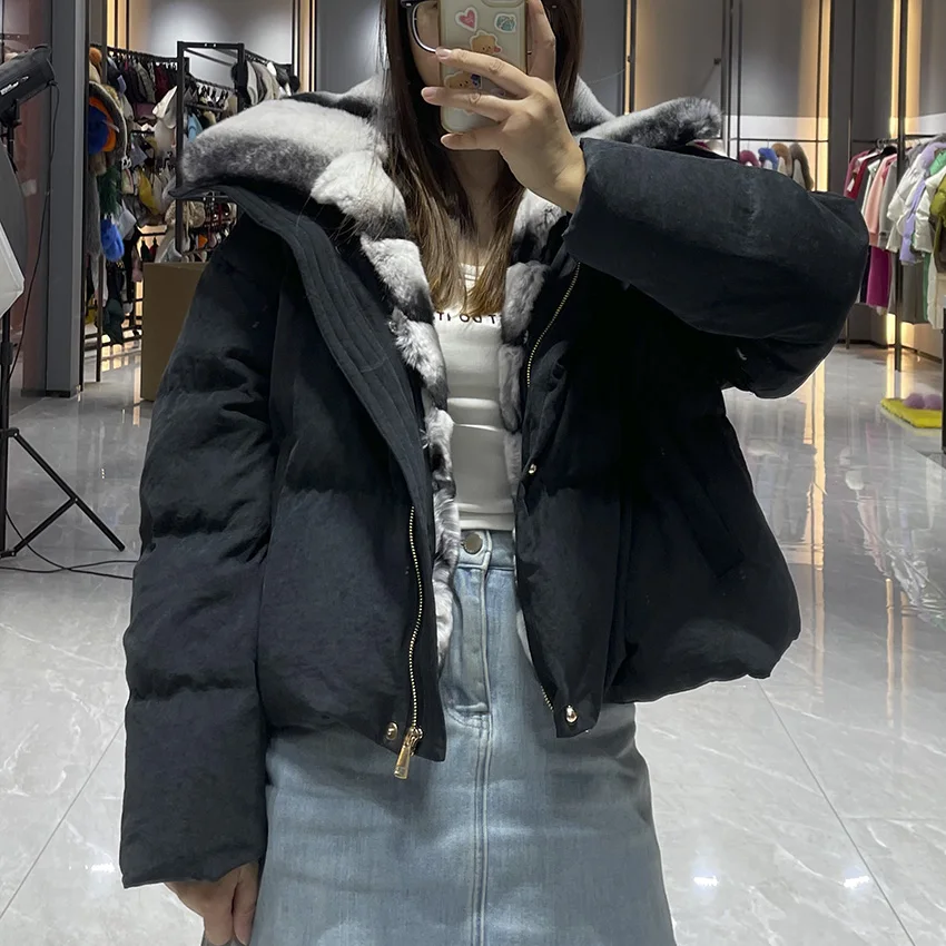 JANEFUR 천연 리얼 렉스 토끼털 칼라 따뜻한 구스다운 재킷 여성 겨울 코트 여성용 아우터 재킷 JFB8-25007