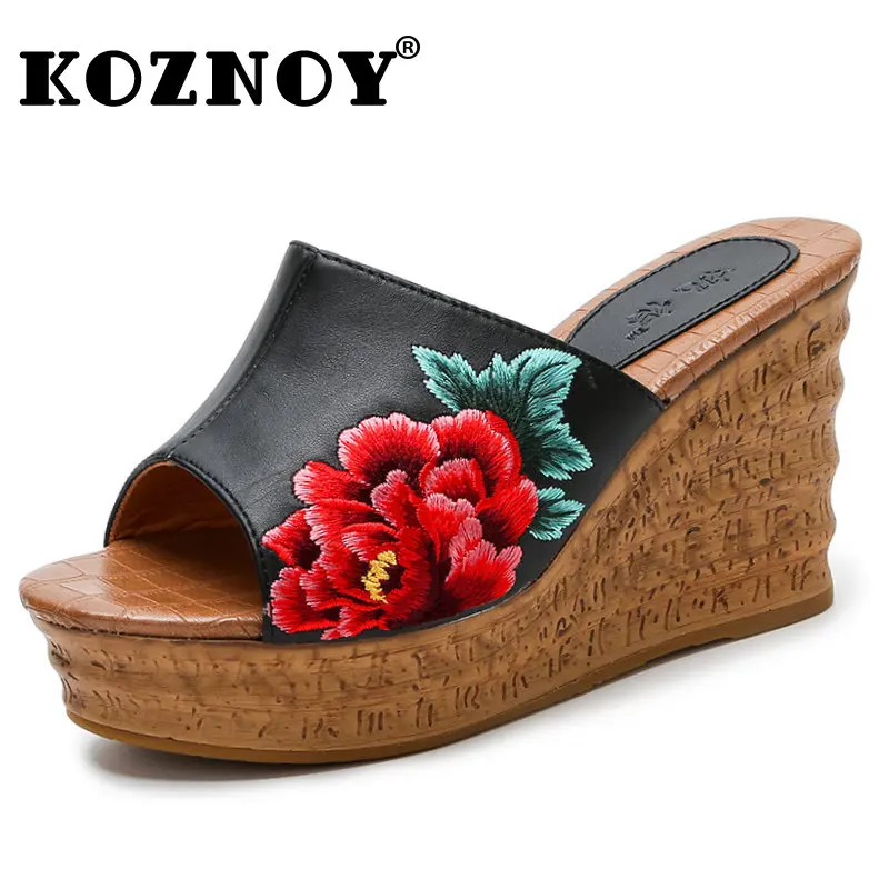 

Koznoy 8cm New Women Slippers Sandals Fashion Platform Peep Toe Elegance Embroider Summer Genuine Leather Ethnic Moccains Shoes