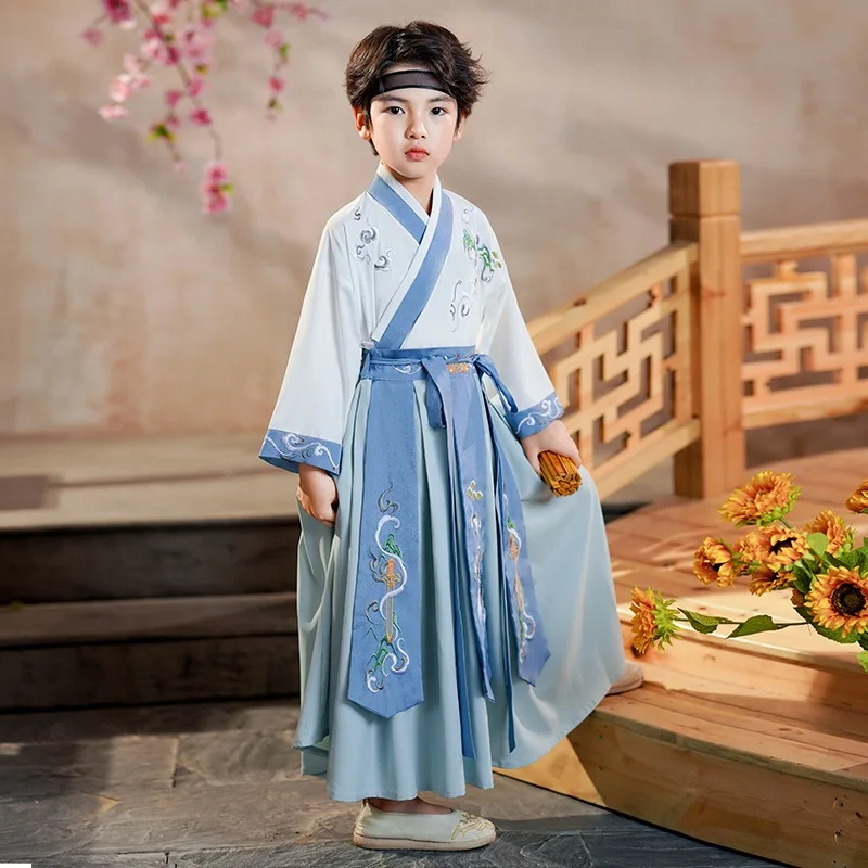 Traditional Chinese Style Embroidered Hanfu Children Boys Samurai Knight Party Cosplay Costume Kids Tang Suit Performance Outfit