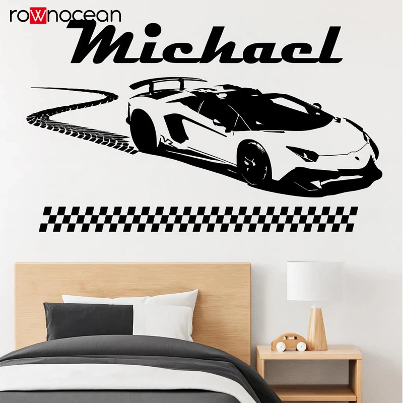 Racing Car Wall Decal Personalized Name Supercar Kids Room Decor with Tire Tracks and Checkered Flags Custom Vinyl Sticker E993
