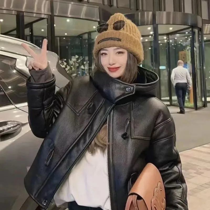 Autumn Winter Niche Unique Chic Top French Small Fragrant Celebrity Design Sense Korean Hooded Leather Jacket Short Coat Women