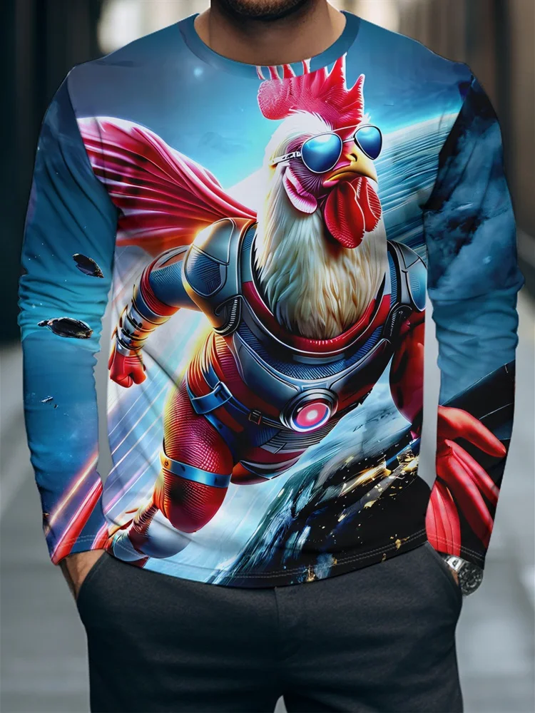 Men's Superhero Rooster Long Sleeve T-Shirt Sunglasses Cape Sci-Fi Animal Graphic Tee Pullover Tops Gift New 2026 Fashion