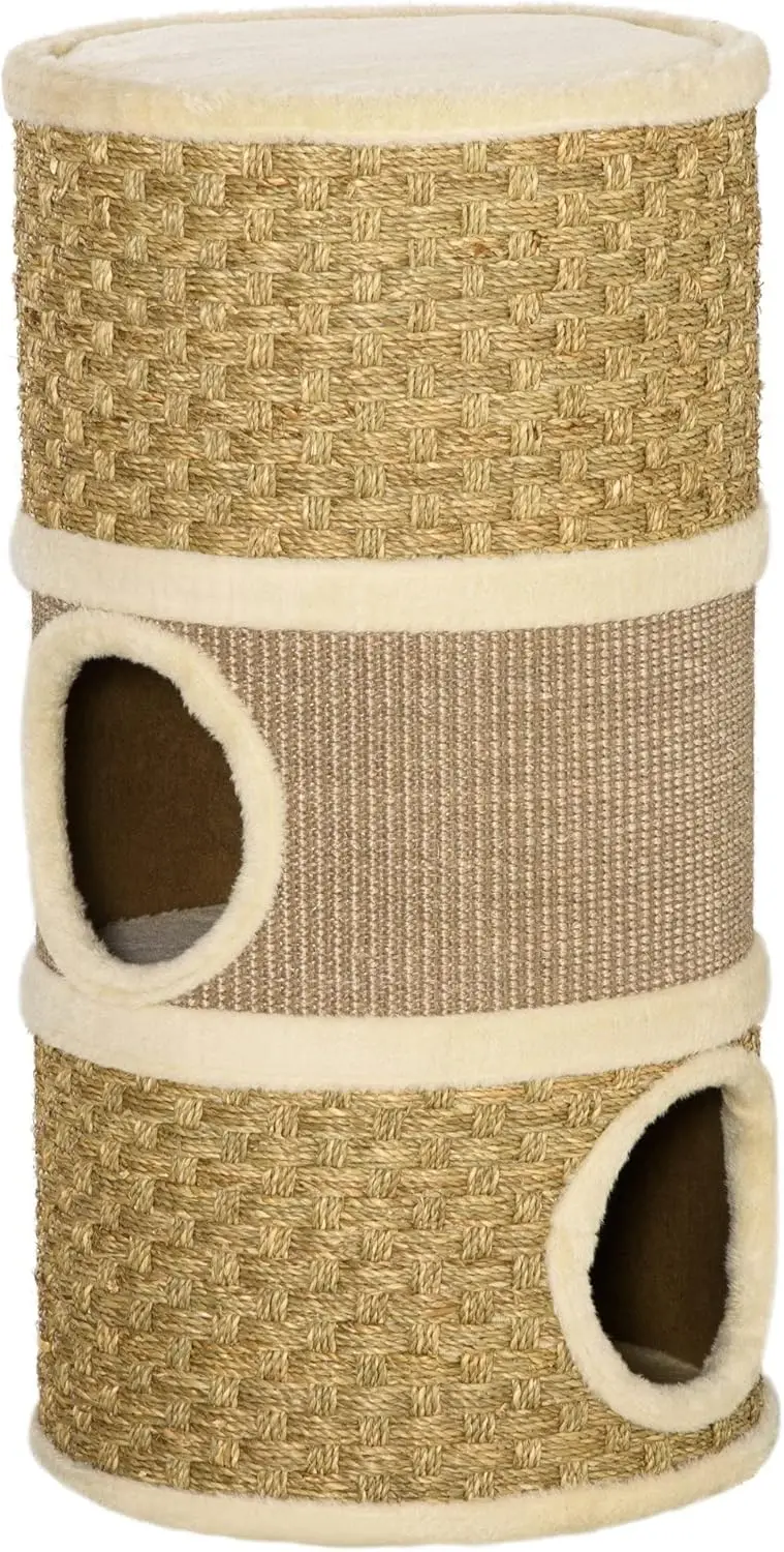 28 Inch Cat Condo, 3 Story Cat Hideaway with Sisal Scratching Pad, Barrel Shaped Small Cat Tree for Indoor Cats, Khaki and Brown