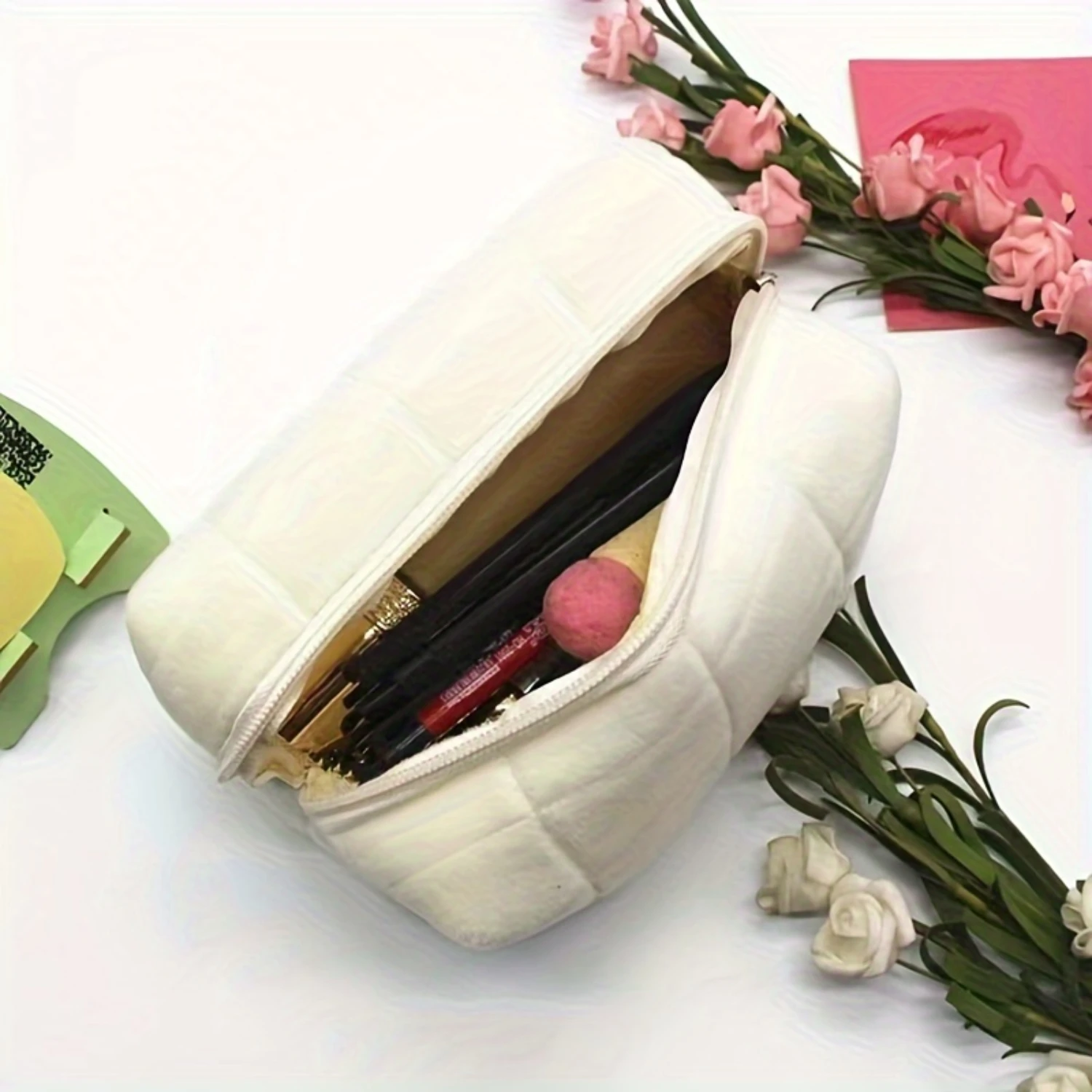 Trendy Plaid Quilted Cosmetic Bag, Portable Zipper Solid Color Toiletry Organizer, Perfect Ravel  Bag