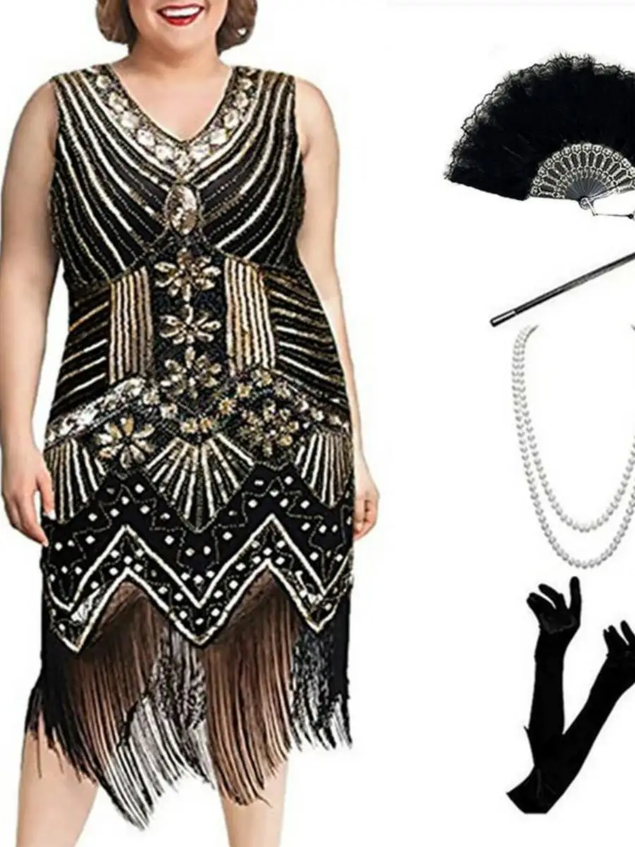 Large Size Women's Ensemble Vintage 920s Sequin Par Evening V-ne Tassel Dr Beadwork Summer 2025 Faion Trend