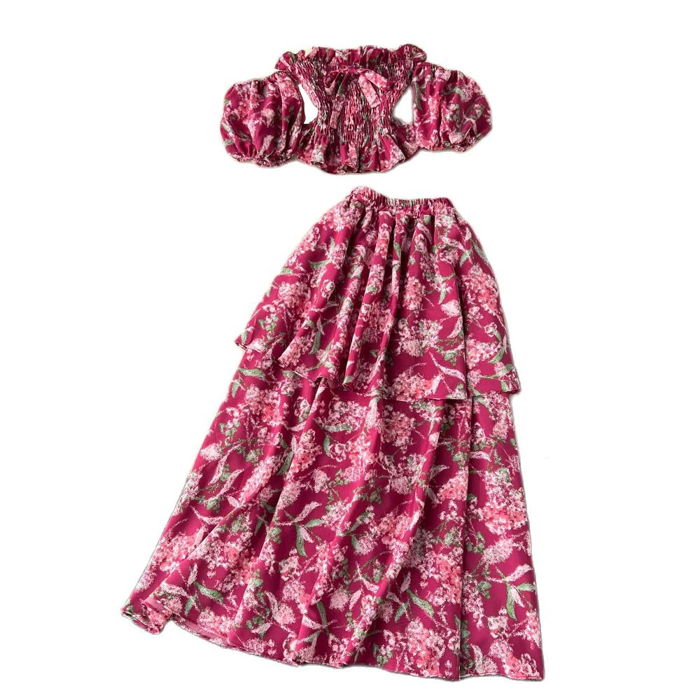 

Summer 2023 Vacation Sexy Floral Dress Women's Crop Top and Pleated Cake Half Skirt Two Piece Set