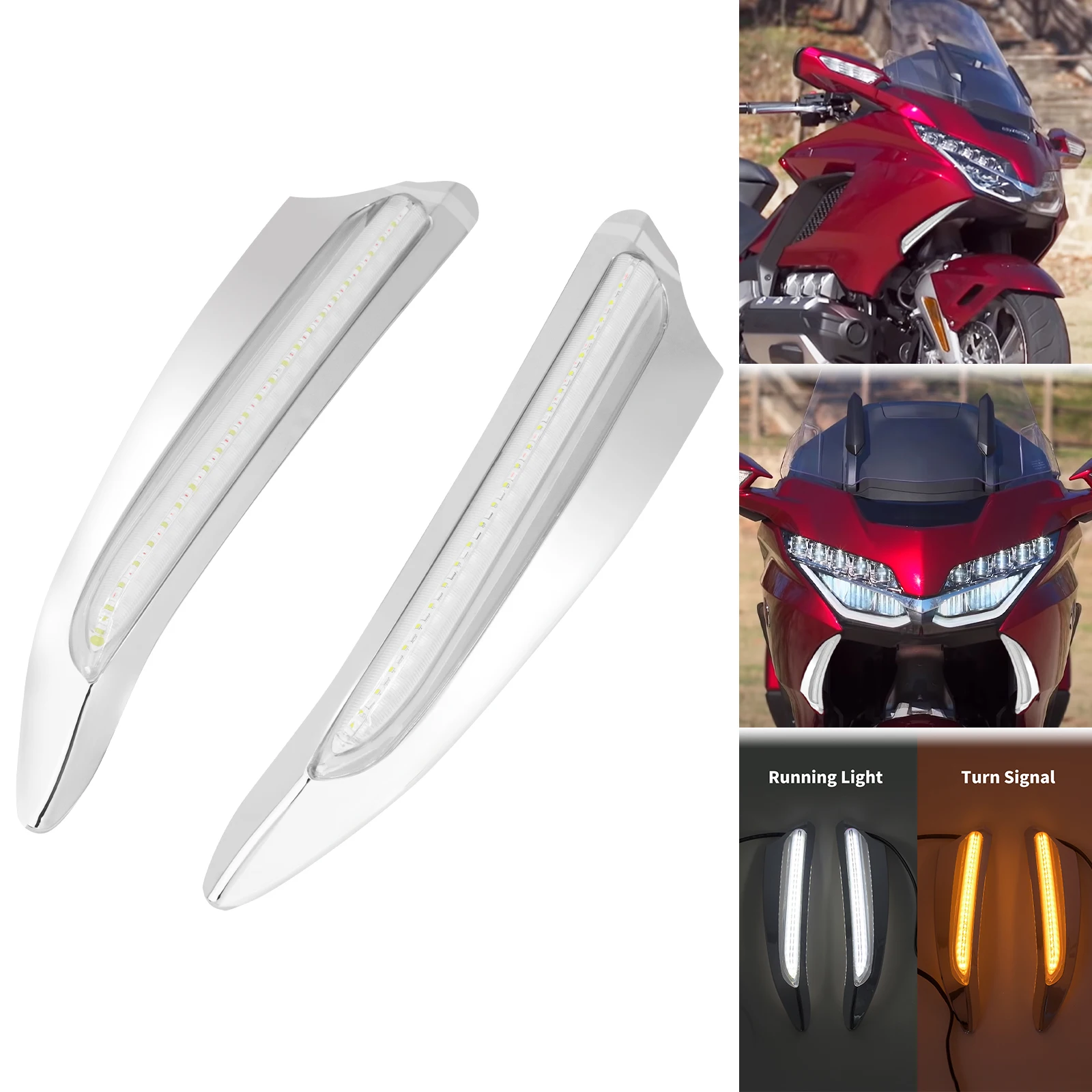 

Motorcycle Front Lighted Vent Trim LED Turn Signal Running Light Kit Chrome For Honda Gold Wing DCT Tour 1800 F6B GL1800 2018-21
