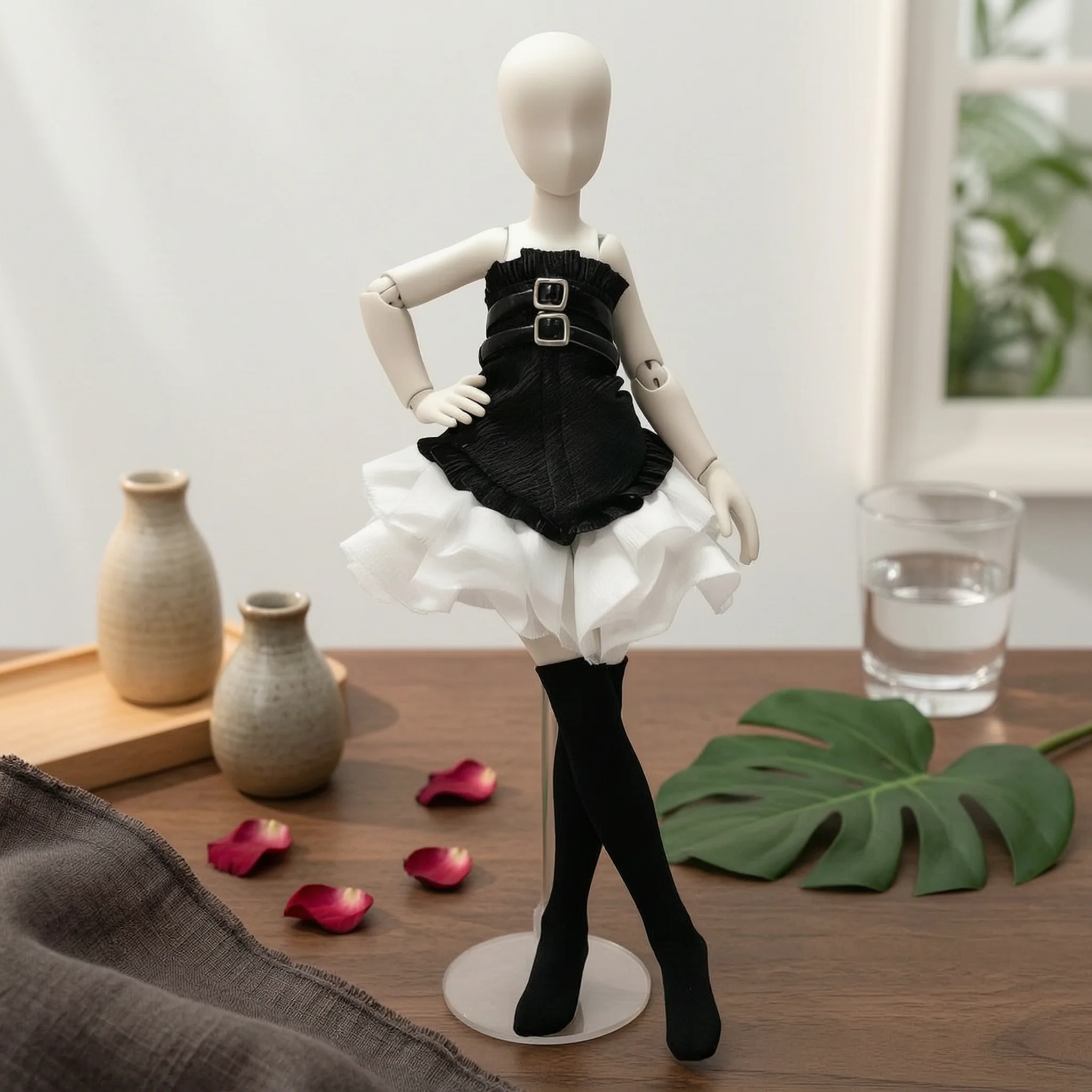 

Gothic-Inspired Doll Outfit Puffed Black Sleeveless Doll Top Layered Ruffle Dress Set Costume-Like Toy Clothing