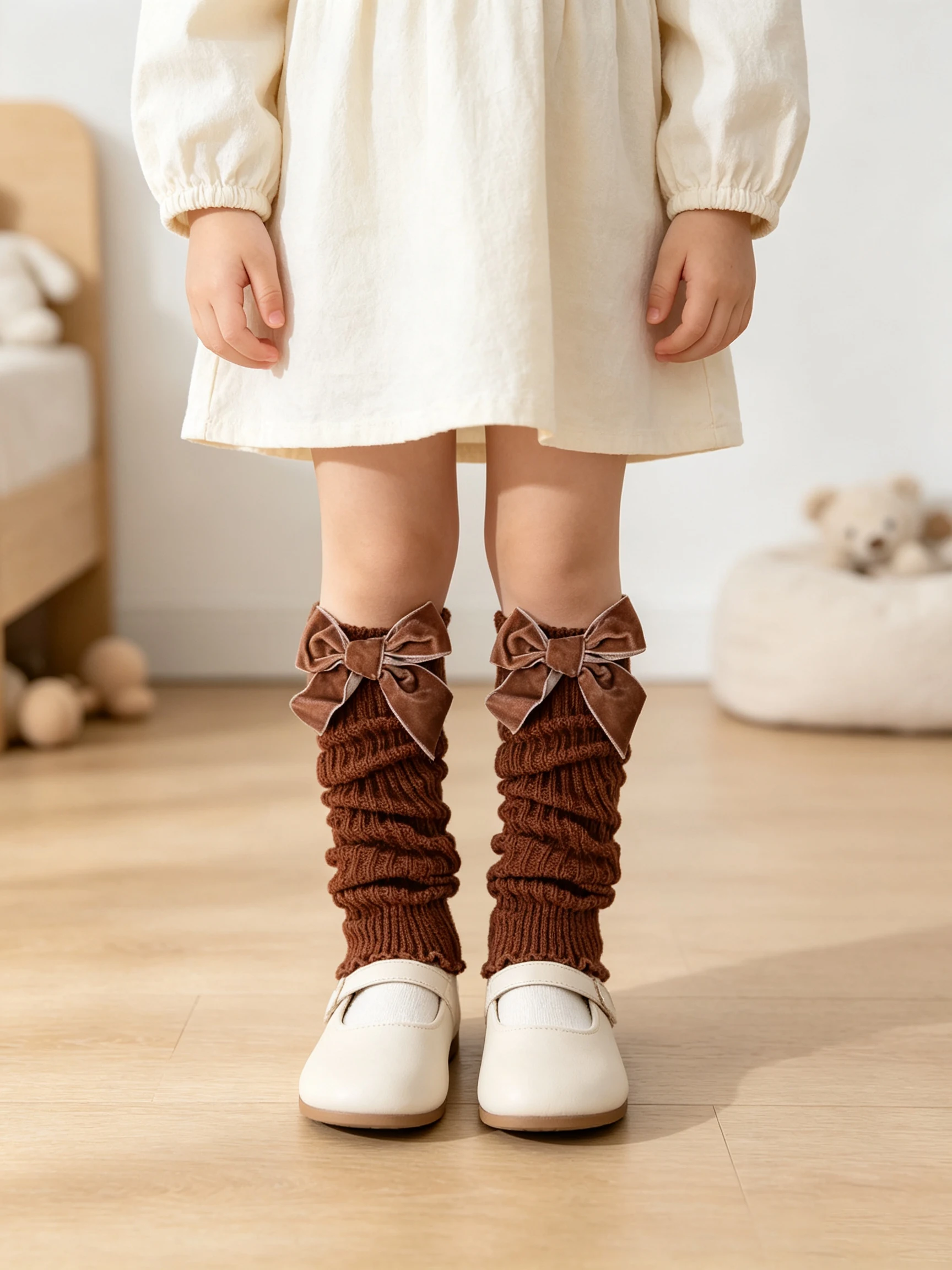 3Pcs Girls Bow Ribbed Knit Leg Warmers Ruffle Edge Sock Covers Soft Warm Leg Cuffs For 3‑8Y Kids All Season Casual Daily Outfit