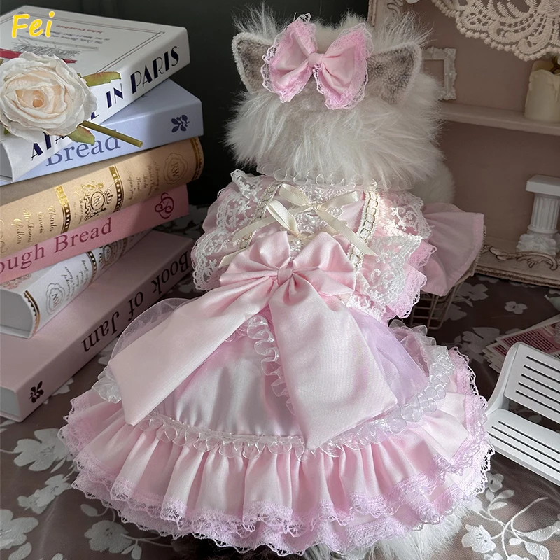 

High-quality Vintage Red Cotton Dog Dress - Handmade Lace Bow Princess Gown for Small Breed, Chihuahua Poodle Retro Pet Apparel