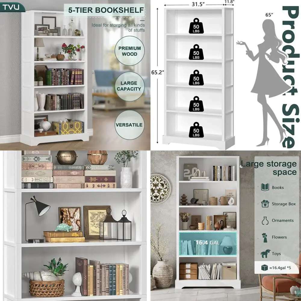 

White 65H Farmhouse Style 5-Tier Bookshelf with Arched Base, Storage & Suitable for Living Room, Study, Office