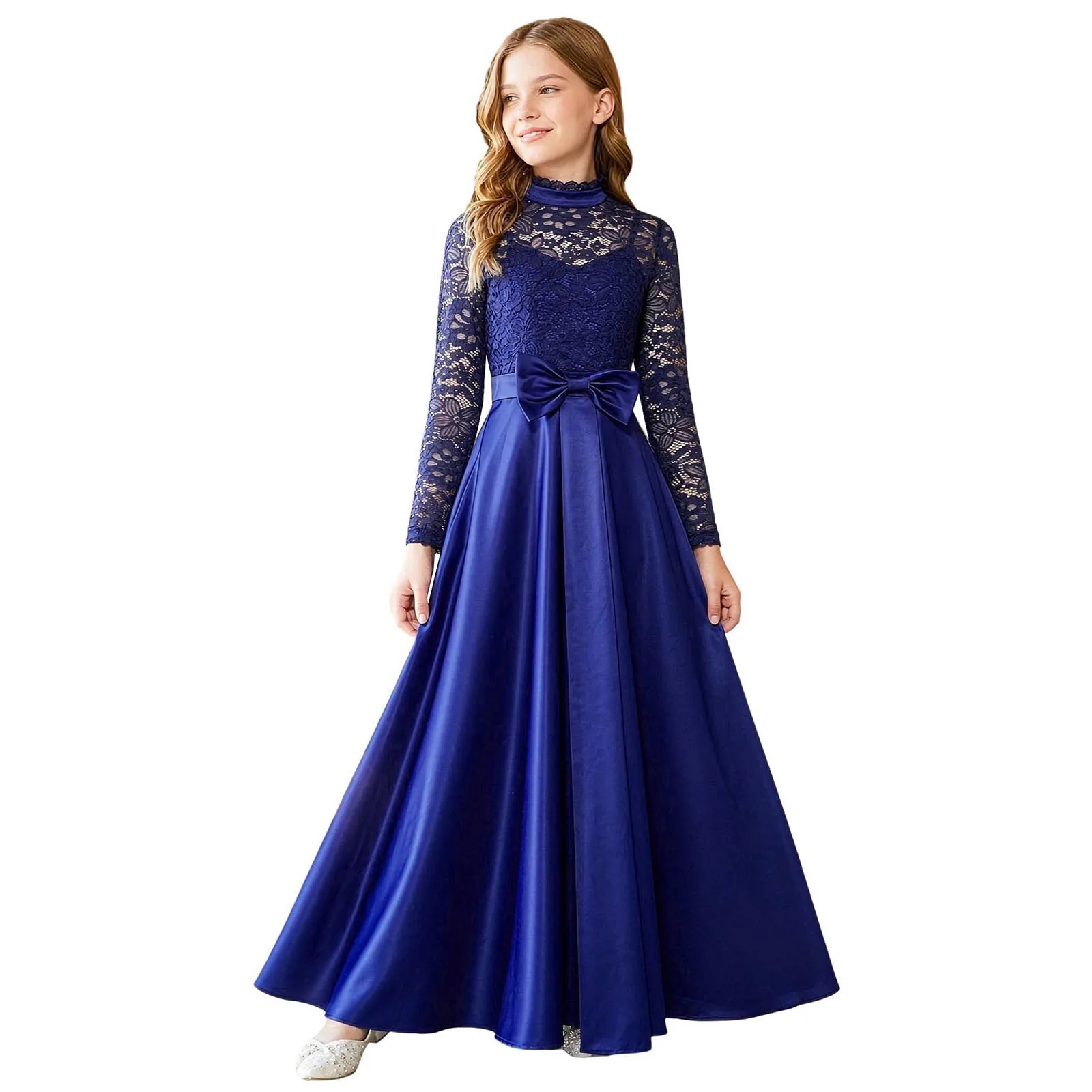Children Modern Dance Costume Elegant Party Dress Long Sleeve Floral Lace Dress for Ballroom Dancing Pageant Birthday Dresses
