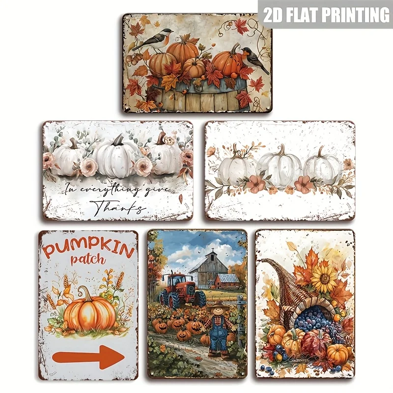 [JIT]6pcs Vintage Autumn Metallic Tin Signs- Falling Leaves& Pumpkin Designs, 8.0x12.0inch Wall Decor for Home, Kitchen, Bar, Ca