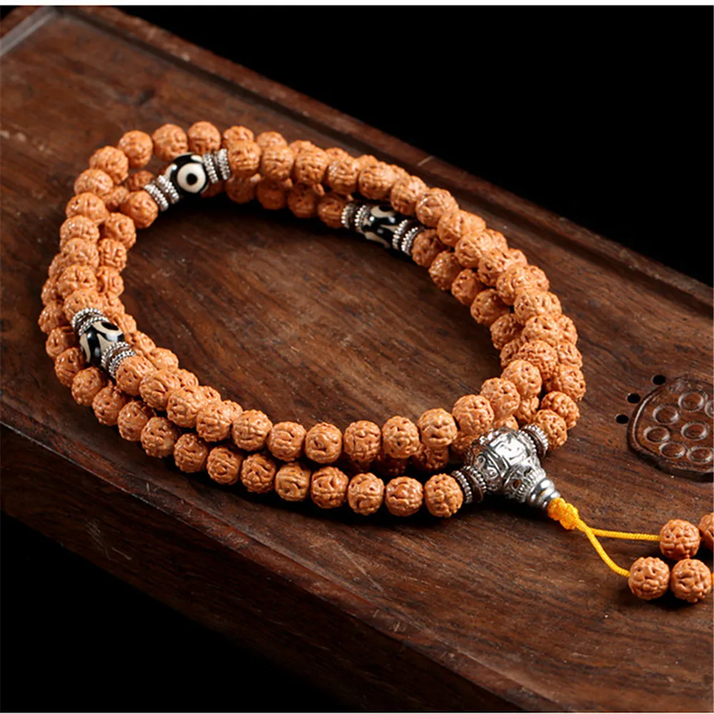 Natural 108 Bodhi Bracelets Yellow Skin Tibetan King Kong Bodhi Beads Necklace Rosary Three Eyed Dzi Buddhist Meditation Jewelry