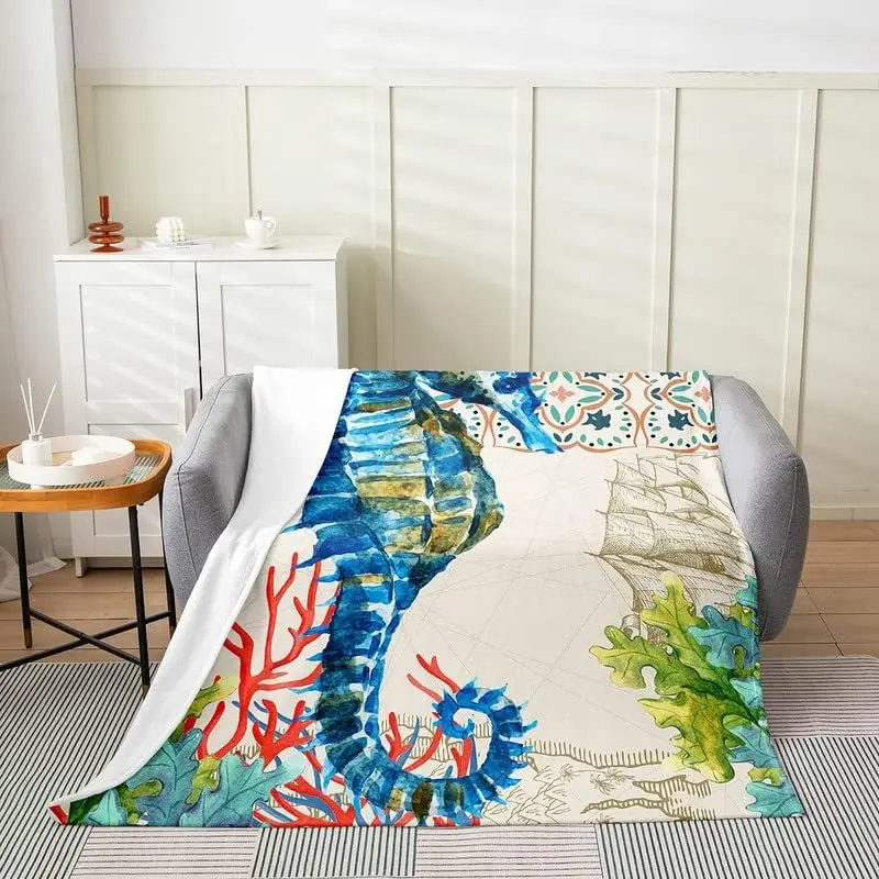 Seahorse Fuzzy Blanket Ocean Creature Themed Flannel Fleece Throw Blanket for Sofa Couch Kids Teens Room Decor Sea