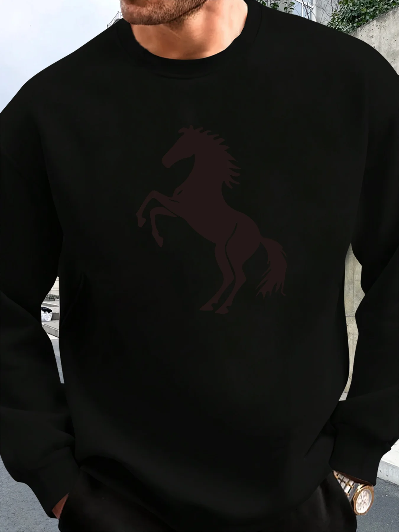 

Мужская повседневная свободная толстовка с круглым вырезом и длинными рукавами с принтом лошади — коричневая, весенне-осенняя мода