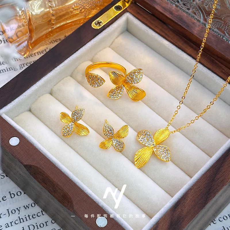 24k 999Gold Necklace Lily Flower Set - Luxurious and Sophisticated with Diamond Accents, Includes Necklace, Ring, and Earrings