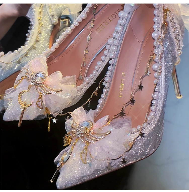 Lolita Elegant Palaca Girl Shoes Noble Party Lace Bowknot Pearls Gems Wedding Pointed Sandals Adult gift crystal high heels