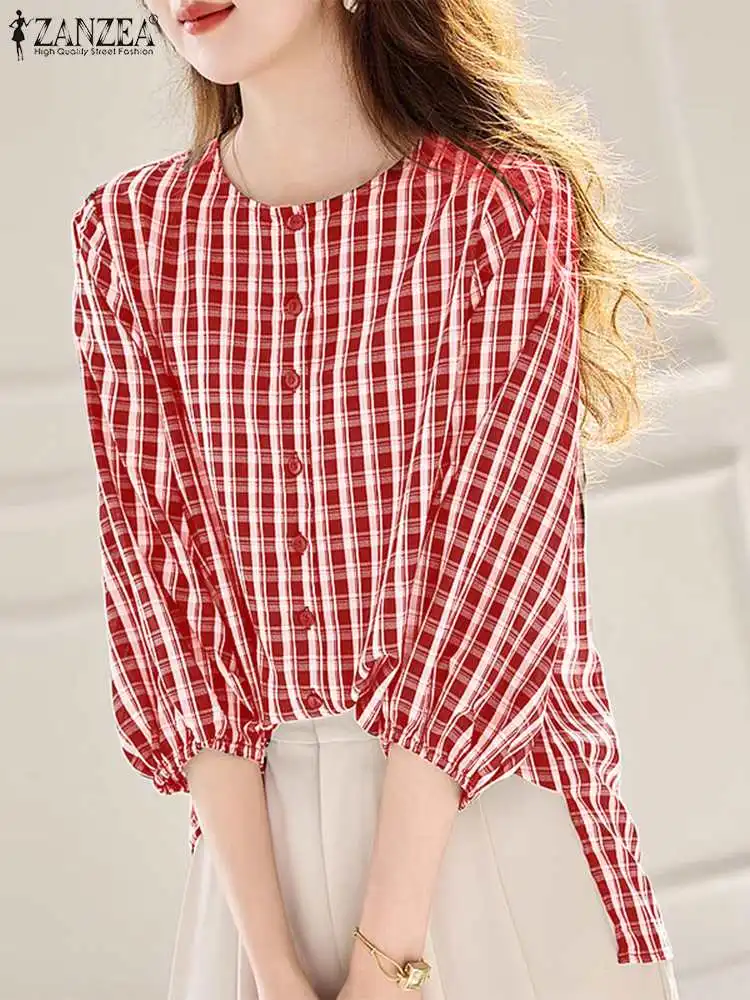 ZANZEA Plaid 3/4 Puff Sleeve Blusas Mujer O Neck Checked Holiday 2024 Fashion Party Tops Casual Elegant Button Up Women Shirts