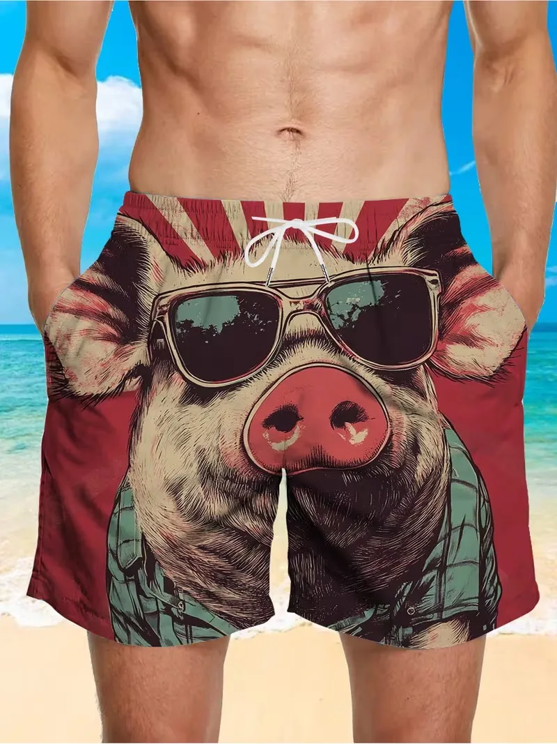 Men's Funny Cool Pig Wearing Sunglasses Print Beach Shorts Quick Dry Board Shorts Swim Trunks Hawaiian Vacation Streetwear
