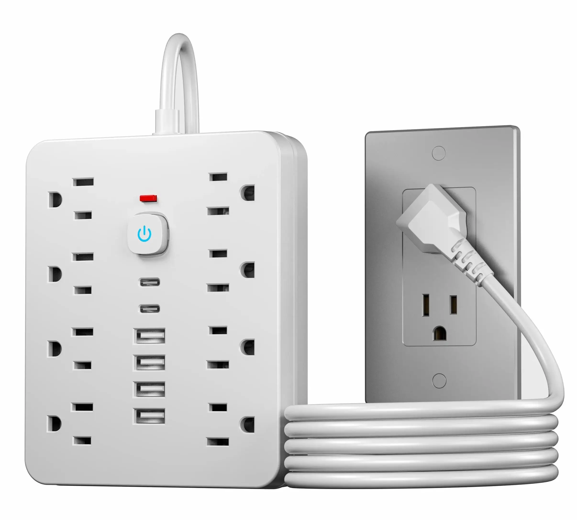 قطاع طاقة للحماية من زيادة التيار مع مفتاح - 8 منافذ تيار متردد و6 منافذ USB (بما في ذلك 2 USB-C) وسلك 5 أقدام/10 أقدام