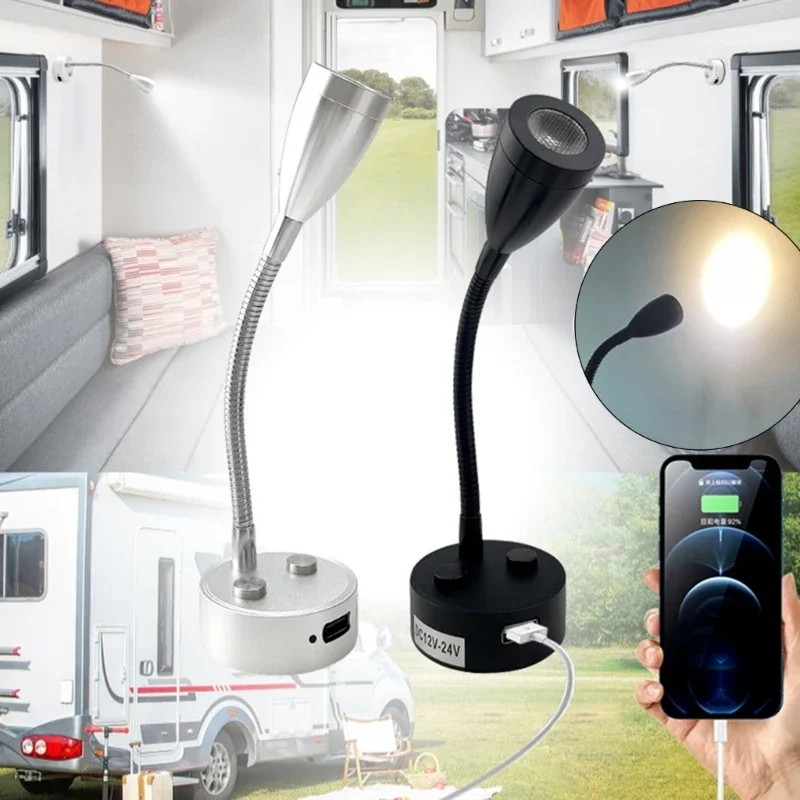 12V 24V RV Boat LED Reading Light Flexible Touch Wall Lamp with USB Port for Motorhome Yacht Cabin Home Use